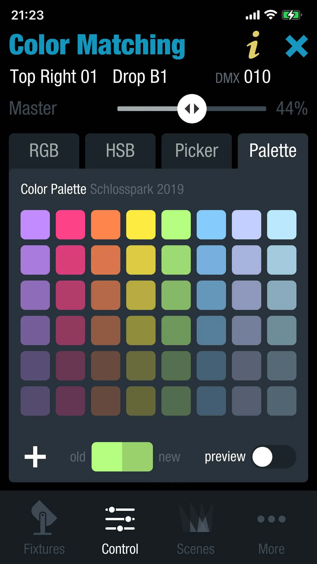 adam hall cameo idmx lichtsteuerung color matching palette app smartphone iphone